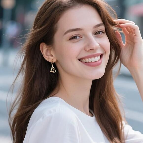 14K Gold Plated Heart Dangle Earrings Dangling Trendy Women Leverback Earings - Picture 3 of 5